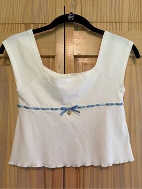 Beverly and Beck Women’s White Cropped Tank with Blue Ribbon and Heart Charm